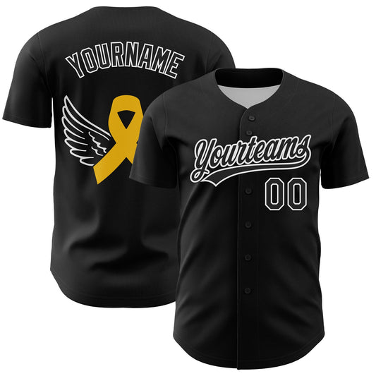 Custom Black White-Yellow 3D Childhood Cancer Gold Ribbon Authentic Baseball Jersey - Sky-Custom