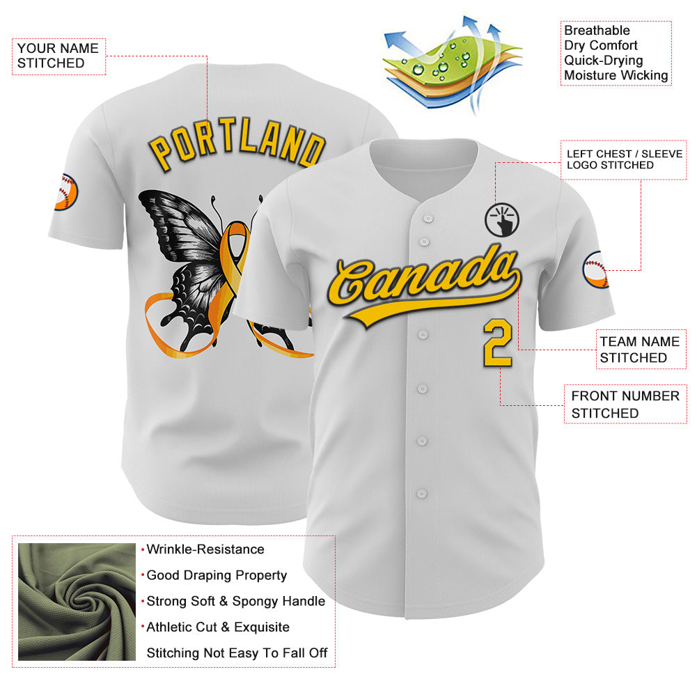 Custom White Yellow-Black 3D Childhood Cancer Gold Ribbon Authentic Baseball Jersey - Sky-Custom