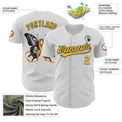 Custom White Yellow-Black 3D Childhood Cancer Gold Ribbon Authentic Baseball Jersey - Sky-Custom