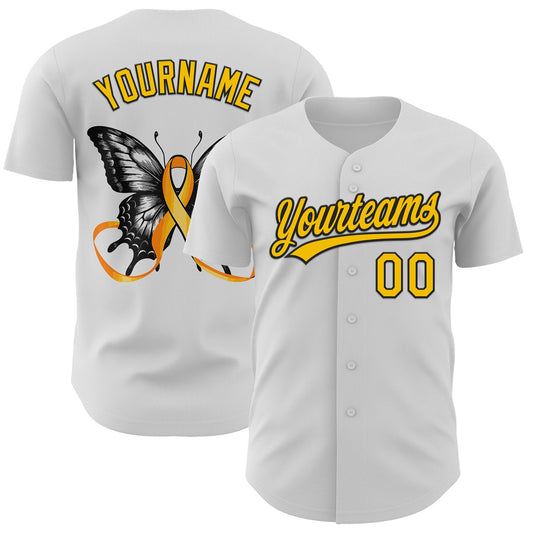 Custom White Yellow-Black 3D Childhood Cancer Gold Ribbon Authentic Baseball Jersey - Sky-Custom