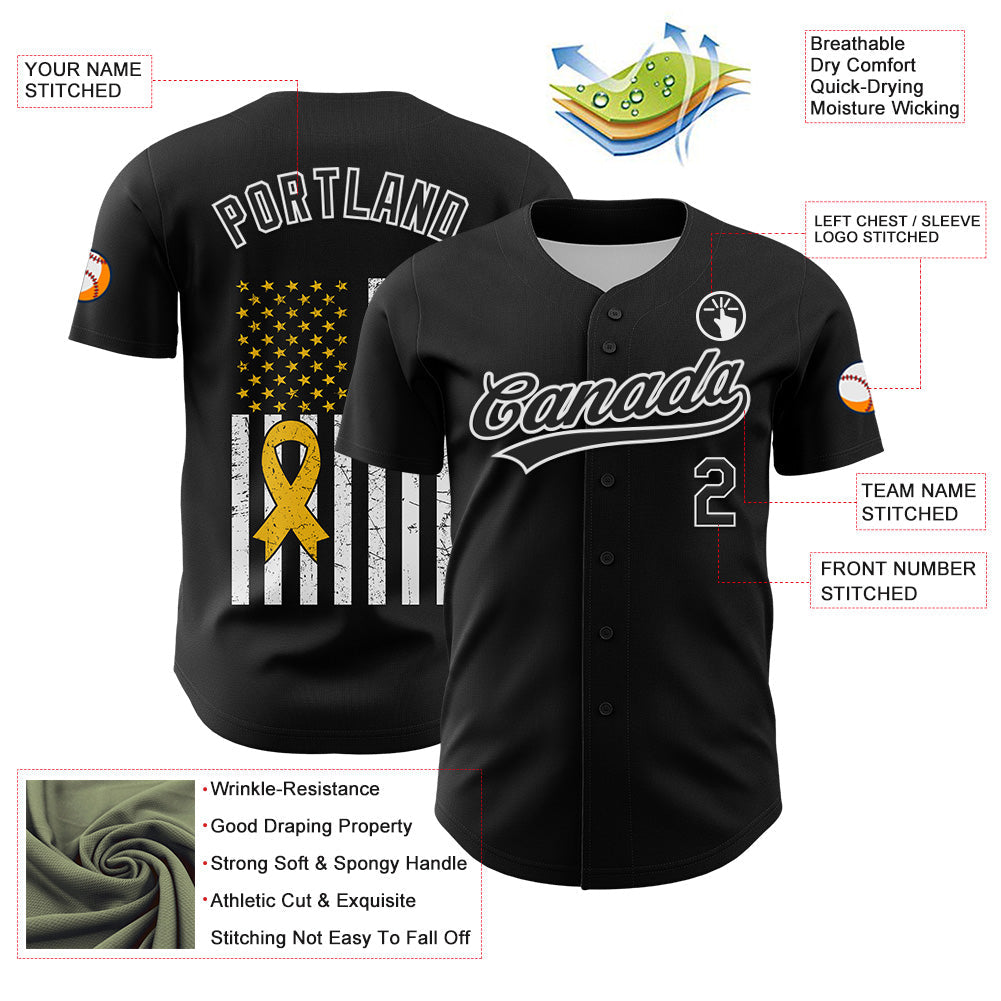 Custom Black White-Yellow 3D Childhood Cancer Gold Ribbon American Flag Authentic Baseball Jersey - Sky-Custom