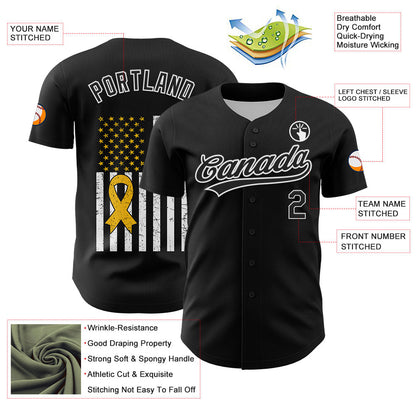 Custom Black White-Yellow 3D Childhood Cancer Gold Ribbon American Flag Authentic Baseball Jersey - Sky-Custom