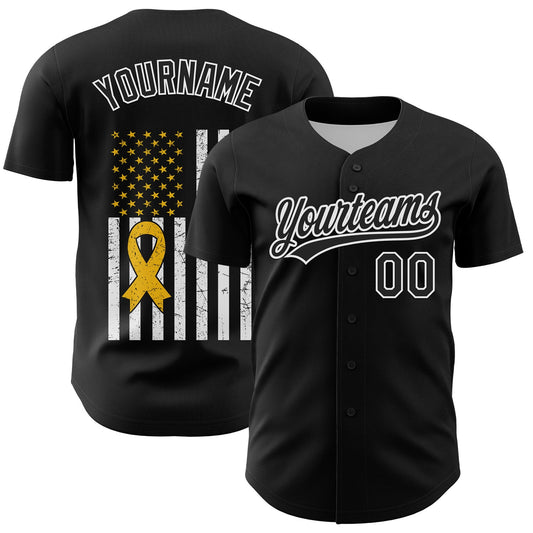 Custom Black White-Yellow 3D Childhood Cancer Gold Ribbon American Flag Authentic Baseball Jersey - Sky-Custom