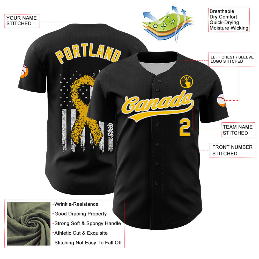 Custom Black Yellow-White 3D Childhood Cancer Gold Ribbon American Flag Authentic Baseball Jersey - Sky-Custom