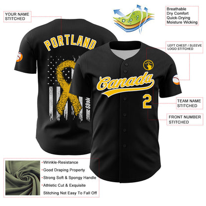 Custom Black Yellow-White 3D Childhood Cancer Gold Ribbon American Flag Authentic Baseball Jersey - Sky-Custom