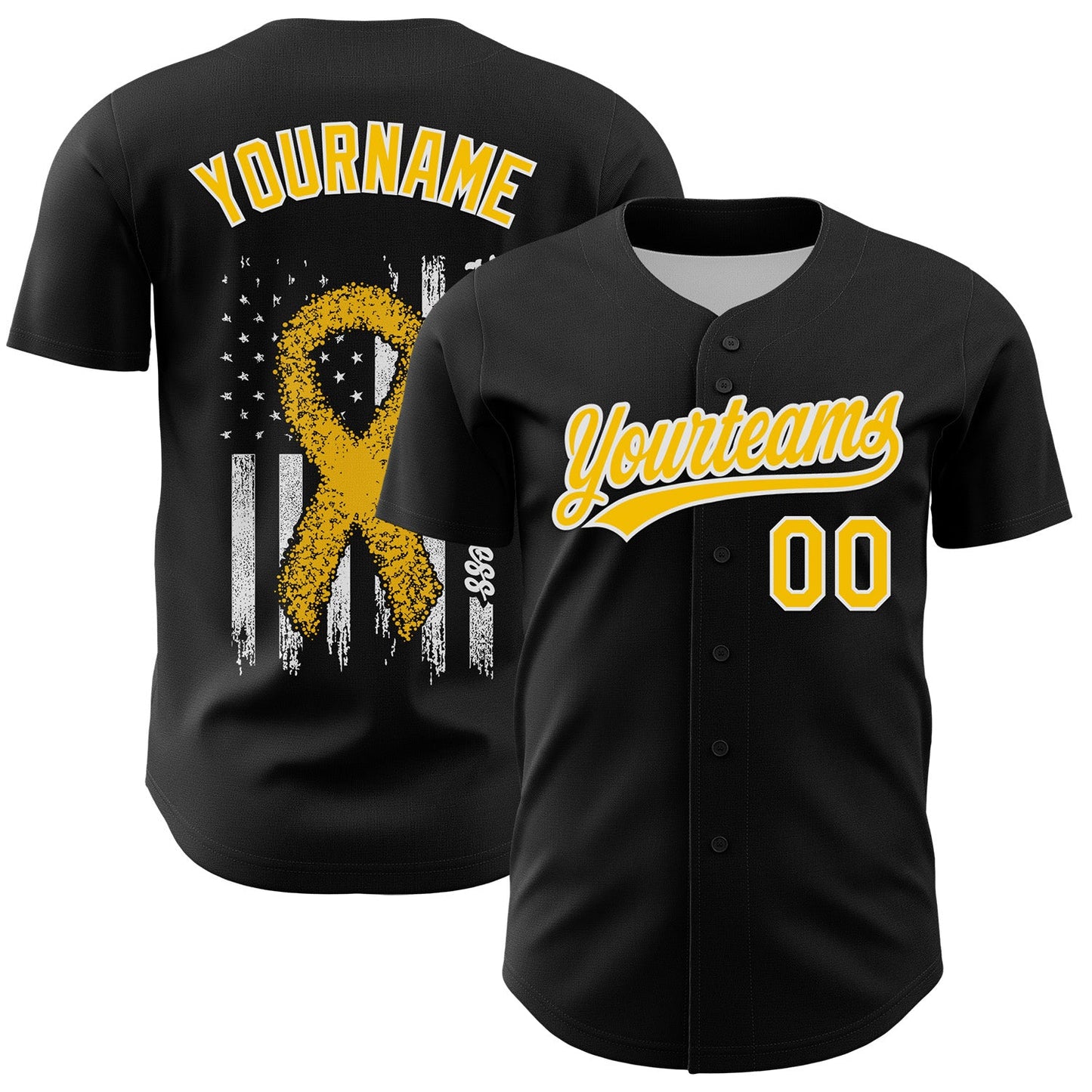 Custom Black Yellow-White 3D Childhood Cancer Gold Ribbon American Flag Authentic Baseball Jersey - Sky-Custom