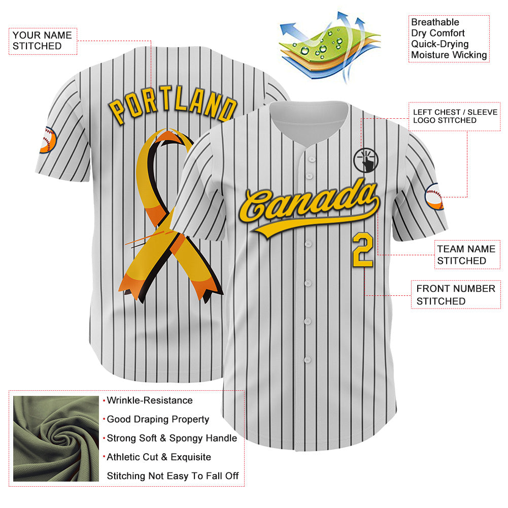 Custom White Black Pinstripe Yellow 3D Childhood Cancer Gold Ribbon Authentic Baseball Jersey - Sky-Custom