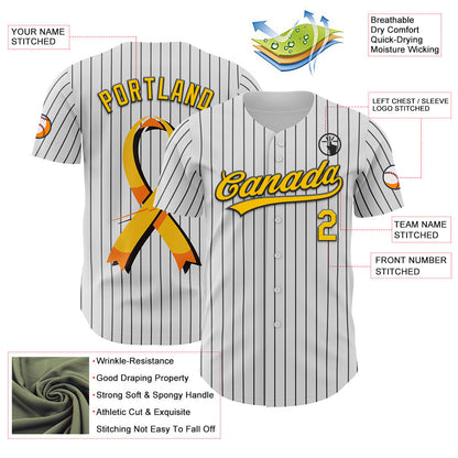 Custom White Black Pinstripe Yellow 3D Childhood Cancer Gold Ribbon Authentic Baseball Jersey - Sky-Custom