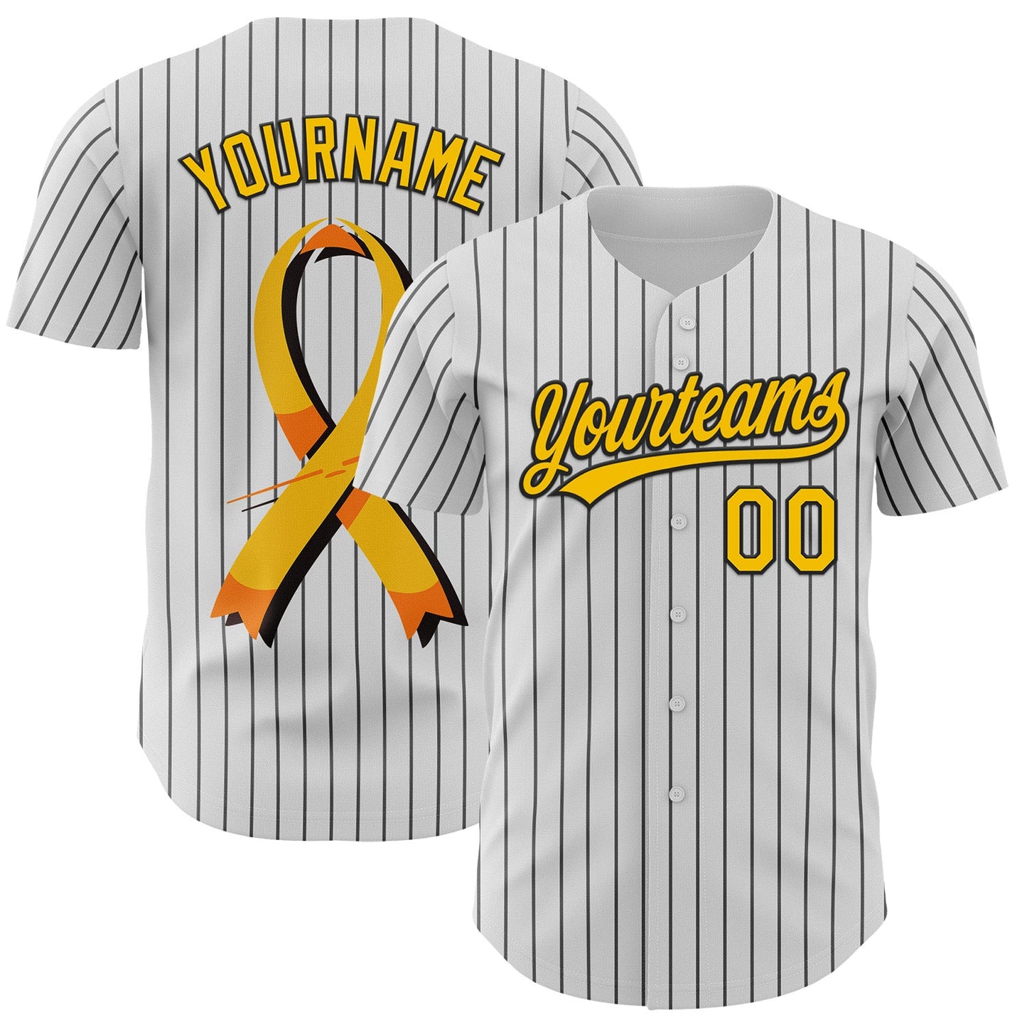Custom White Black Pinstripe Yellow 3D Childhood Cancer Gold Ribbon Authentic Baseball Jersey - Sky-Custom