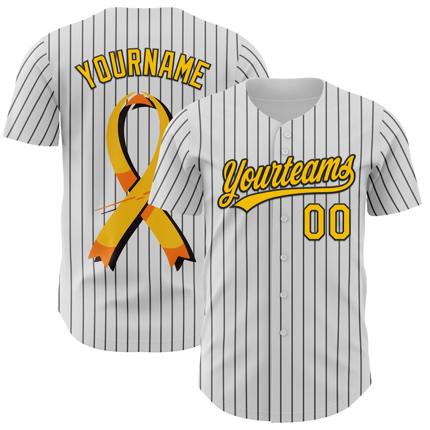 Custom White Black Pinstripe Yellow 3D Childhood Cancer Gold Ribbon Authentic Baseball Jersey - Sky-Custom
