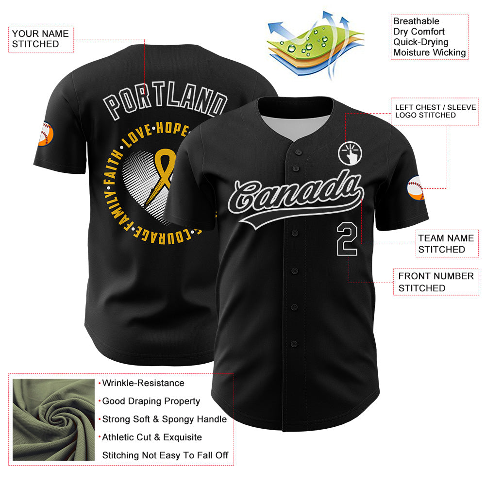 Custom Black Yellow-White 3D Childhood Cancer Gold Ribbon Authentic Baseball Jersey - Sky-Custom