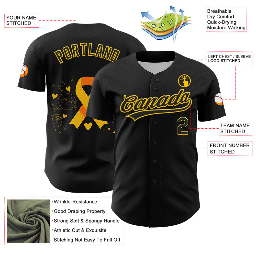 Custom Black Yellow 3D Childhood Cancer Gold Ribbon Authentic Baseball Jersey - Sky-Custom