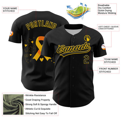 Custom Black Yellow 3D Childhood Cancer Gold Ribbon Authentic Baseball Jersey - Sky-Custom