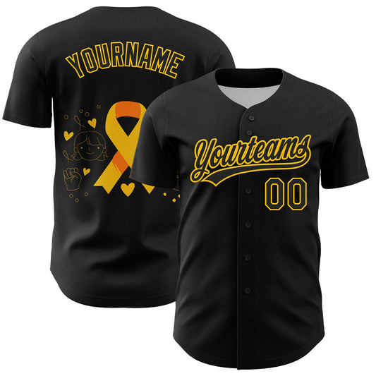 Custom Black Yellow 3D Childhood Cancer Gold Ribbon Authentic Baseball Jersey - Sky-Custom