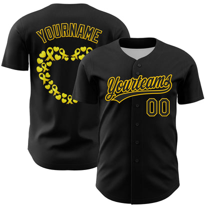 Custom Black Yellow 3D Childhood Cancer Gold Ribbon Authentic Baseball Jersey - Sky-Custom