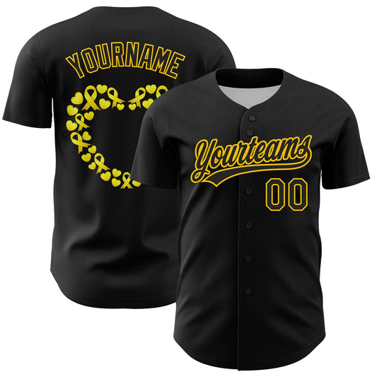 Custom Black Yellow 3D Childhood Cancer Gold Ribbon Authentic Baseball Jersey - Sky-Custom