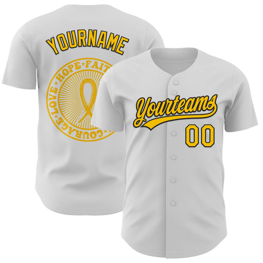 Custom White Yellow-Black 3D Childhood Cancer Gold Ribbon Authentic Baseball Jersey - Sky-Custom