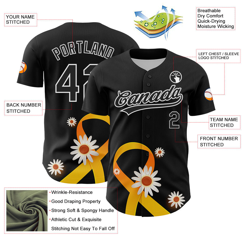 Custom Black Yellow-White 3D Childhood Cancer Gold Ribbon Authentic Baseball Jersey - Sky-Custom