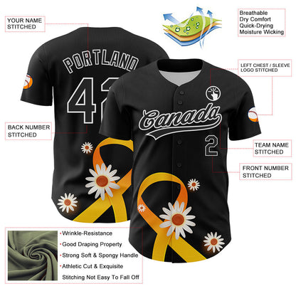 Custom Black Yellow-White 3D Childhood Cancer Gold Ribbon Authentic Baseball Jersey - Sky-Custom