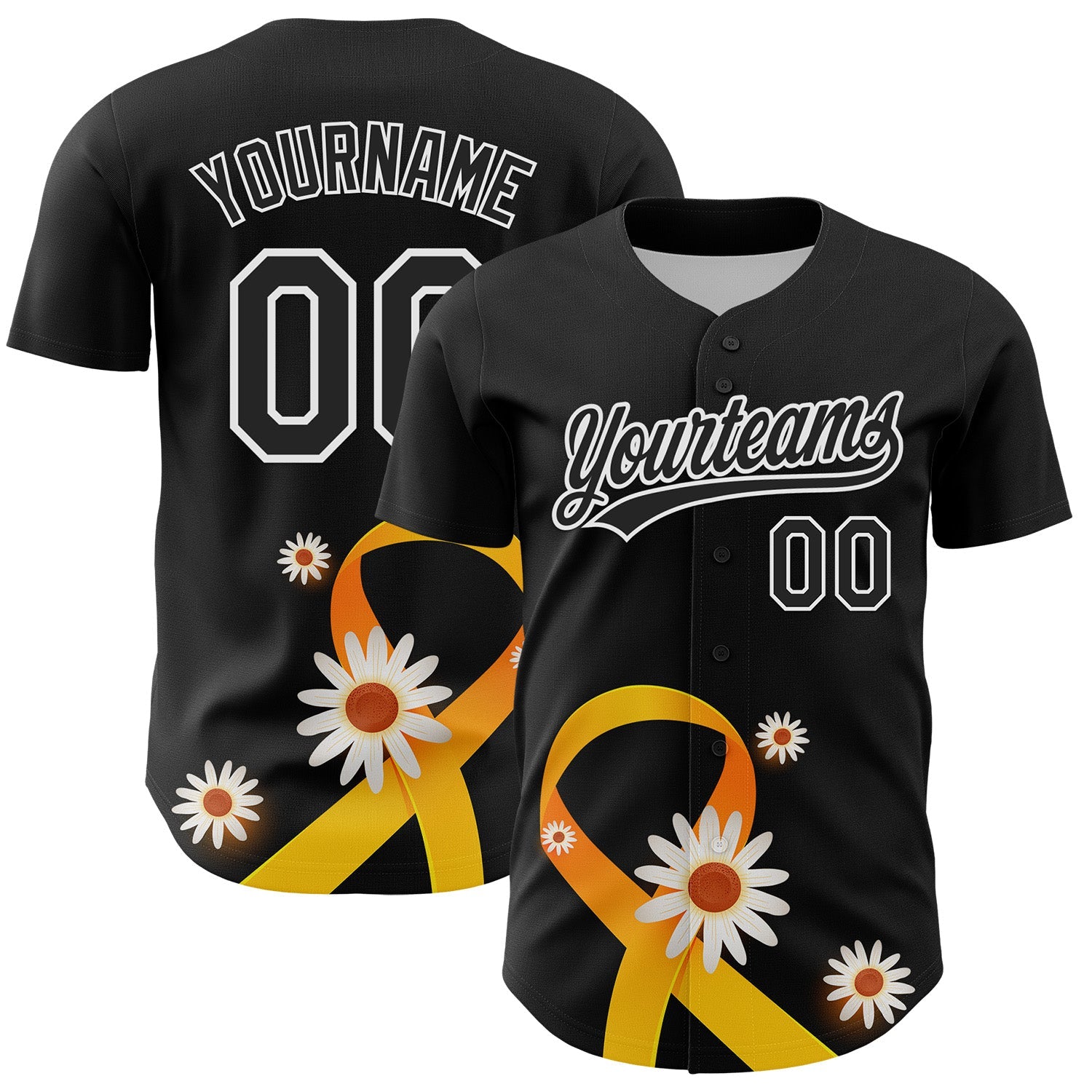 Custom Black Yellow-White 3D Childhood Cancer Gold Ribbon Authentic Baseball Jersey - Sky-Custom