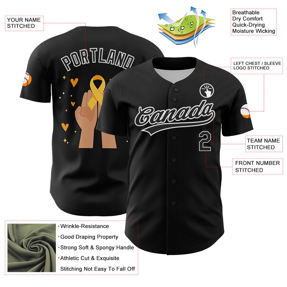 Custom Black Yellow-White 3D Childhood Cancer Gold Ribbon Authentic Baseball Jersey - Sky-Custom