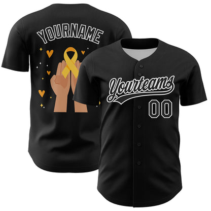 Custom Black Yellow-White 3D Childhood Cancer Gold Ribbon Authentic Baseball Jersey - Sky-Custom