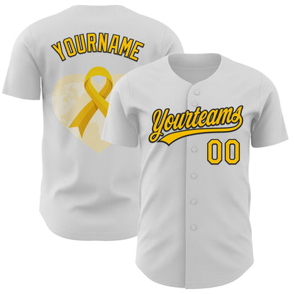 Custom White Yellow-Black 3D Childhood Cancer Gold Ribbon Authentic Baseball Jersey - Sky-Custom