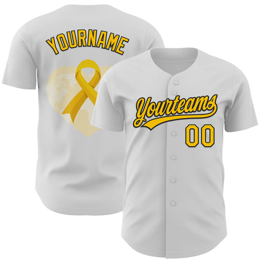 Custom White Yellow-Black 3D Childhood Cancer Gold Ribbon Authentic Baseball Jersey - Sky-Custom