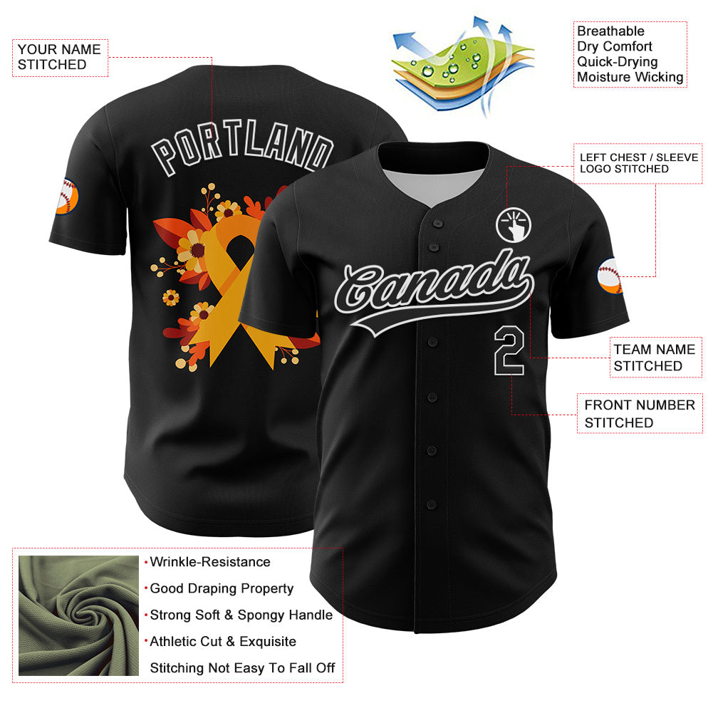 Custom Black Yellow-White 3D Childhood Cancer Gold Ribbon Authentic Baseball Jersey - Sky-Custom