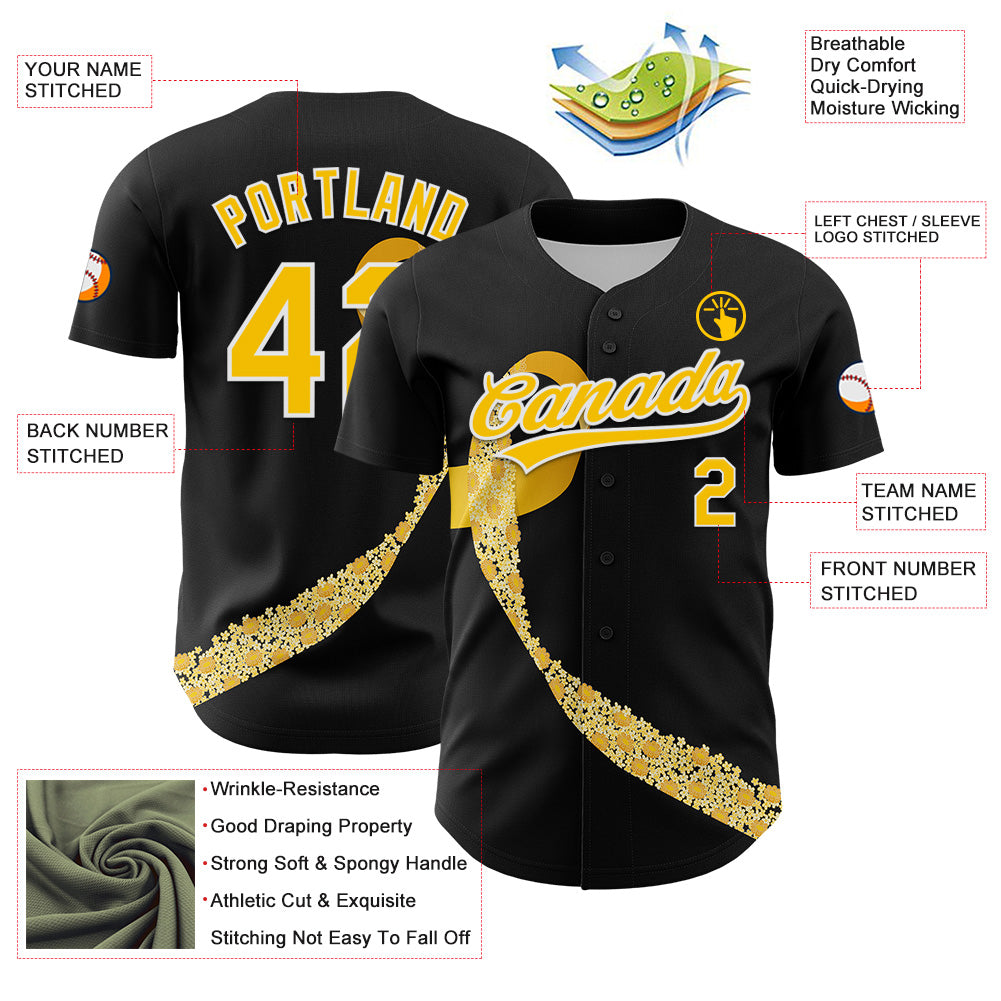 Custom Black Yellow-White 3D Childhood Cancer Gold Ribbon Authentic Baseball Jersey - Sky-Custom