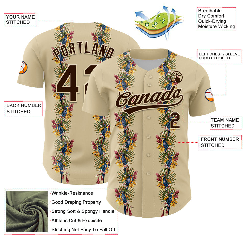 Custom Cream Brown 3D Tropical Hawaii Palm Tree And Bird Authentic Baseball Jersey - Sky-Custom