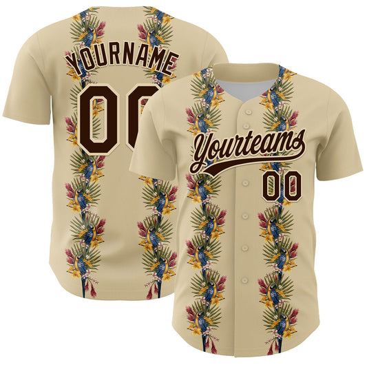 Custom Cream Brown 3D Tropical Hawaii Palm Tree And Bird Authentic Baseball Jersey - Sky-Custom