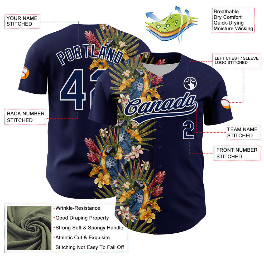 Custom Navy White 3D Tropical Hawaii Palm Tree And Bird Authentic Baseball Jersey - Sky-Custom