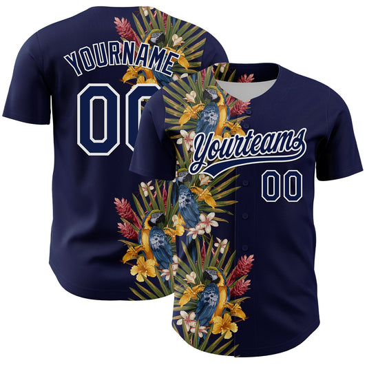 Custom Navy White 3D Tropical Hawaii Palm Tree And Bird Authentic Baseball Jersey - Sky-Custom