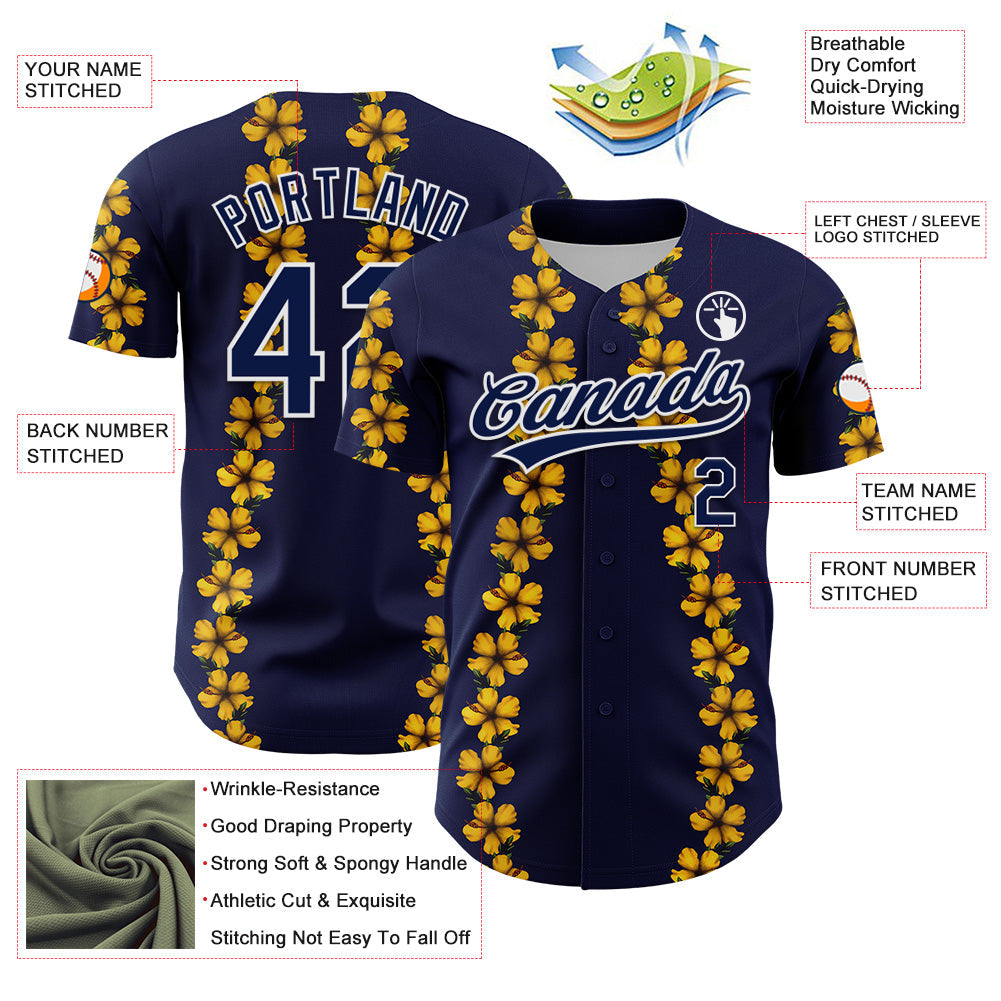 Custom Navy White 3D Tropical Hawaii Flower Authentic Baseball Jersey - Sky-Custom