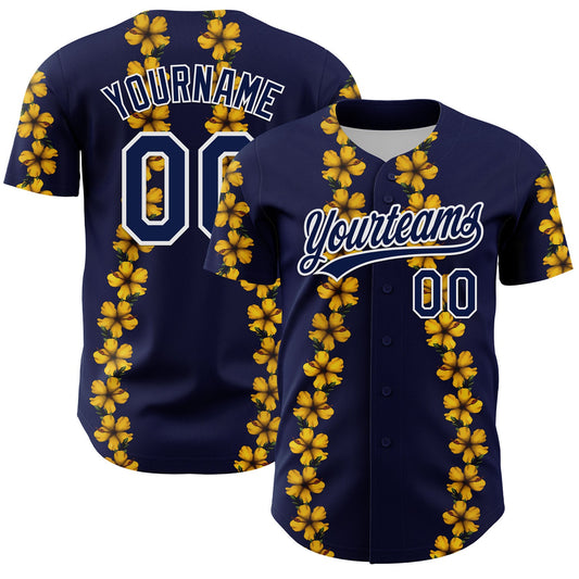 Custom Navy White 3D Tropical Hawaii Flower Authentic Baseball Jersey - Sky-Custom