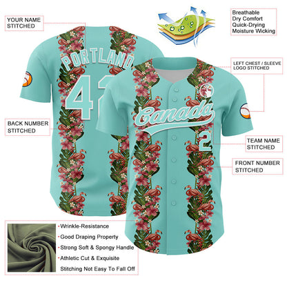 Custom Ice Blue White 3D Tropical Hawaii Plant And Flamingo Authentic Baseball Jersey - Sky-Custom
