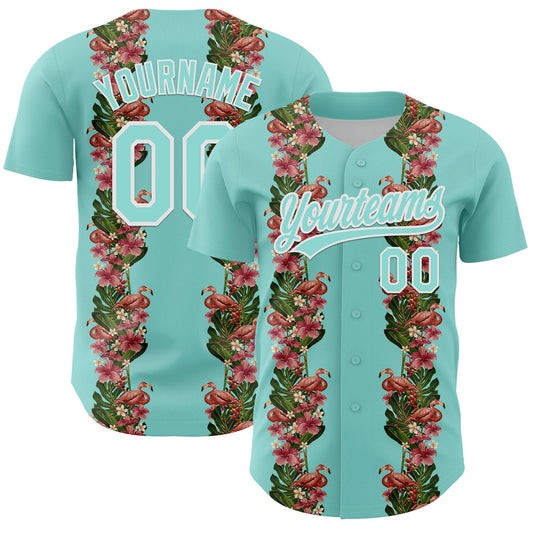 Custom Ice Blue White 3D Tropical Hawaii Plant And Flamingo Authentic Baseball Jersey - Sky-Custom