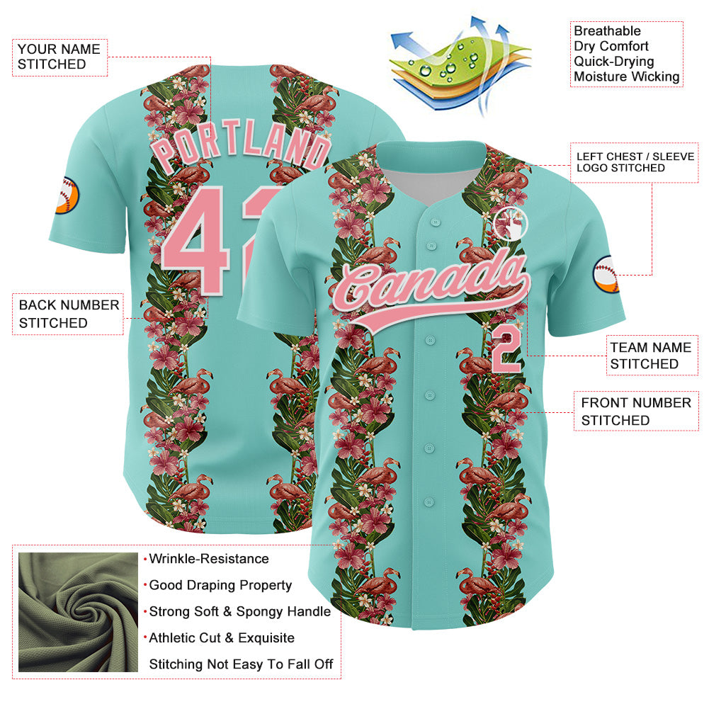 Custom Ice Blue Medium Pink-White 3D Tropical Hawaii Plant And Flamingo Authentic Baseball Jersey - Sky-Custom