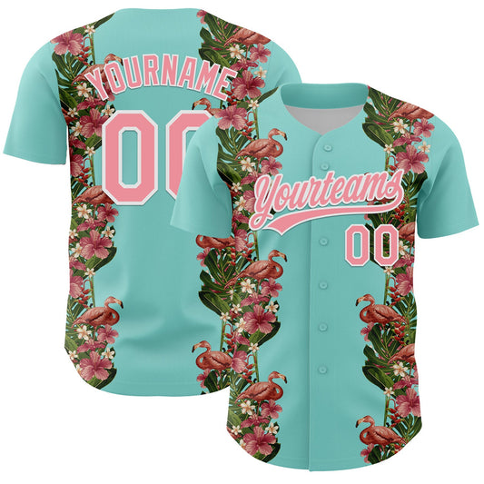Custom Ice Blue Medium Pink-White 3D Tropical Hawaii Plant And Flamingo Authentic Baseball Jersey - Sky-Custom