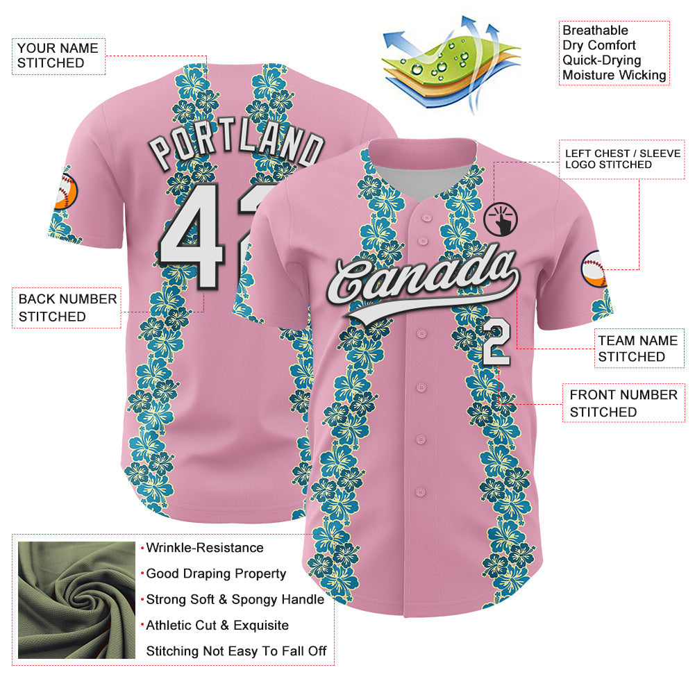 Custom Light Pink White-Black 3D Tropical Hawaii Flower Authentic Baseball Jersey - Sky-Custom