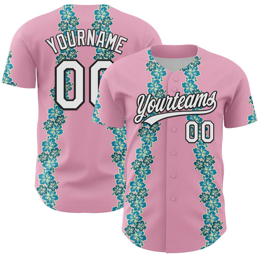 Custom Light Pink White-Black 3D Tropical Hawaii Flower Authentic Baseball Jersey - Sky-Custom