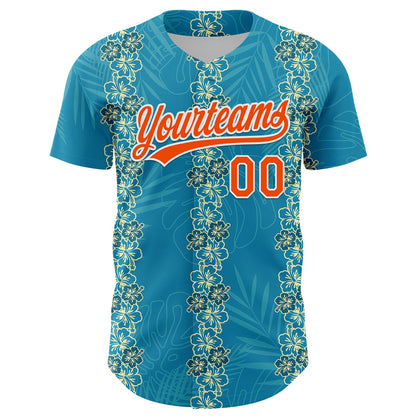 Custom Sky Blue Orange-White 3D Tropical Hawaii Jungle Leaves And Flower Authentic Baseball Jersey - Sky-Custom