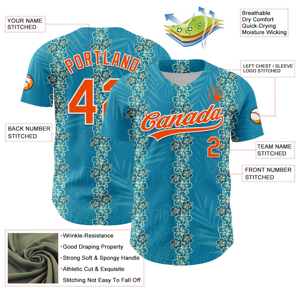 Custom Sky Blue Orange-White 3D Tropical Hawaii Jungle Leaves And Flower Authentic Baseball Jersey - Sky-Custom