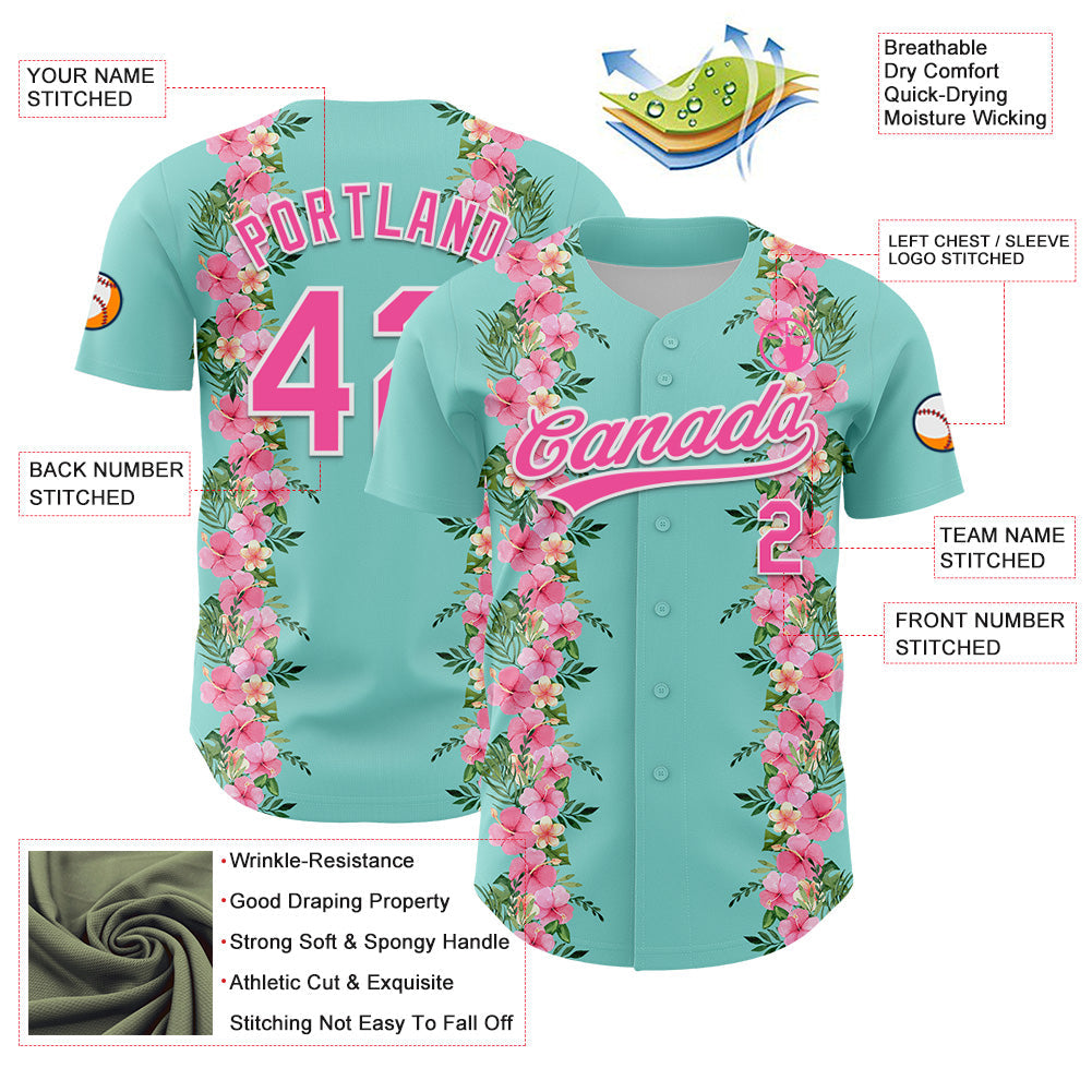 Custom Ice Blue Pink-White 3D Tropical Hawaii Jungle Leaves And Flower Authentic Baseball Jersey - Sky-Custom