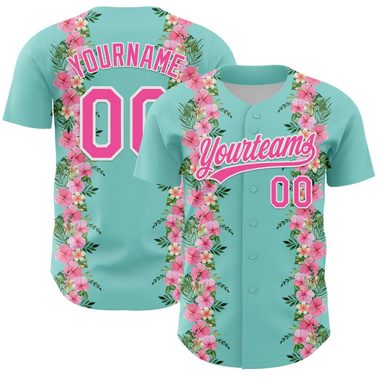 Custom Ice Blue Pink-White 3D Tropical Hawaii Jungle Leaves And Flower Authentic Baseball Jersey - Sky-Custom