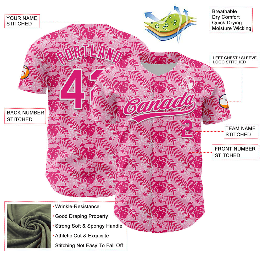 Custom Hot Pink White 3D Tropical Hawaii Jungle Leaves And Flower Authentic Baseball Jersey - Sky-Custom