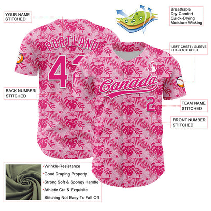Custom Hot Pink White 3D Tropical Hawaii Jungle Leaves And Flower Authentic Baseball Jersey - Sky-Custom