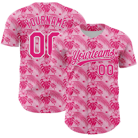 Custom Hot Pink White 3D Tropical Hawaii Jungle Leaves And Flower Authentic Baseball Jersey - Sky-Custom