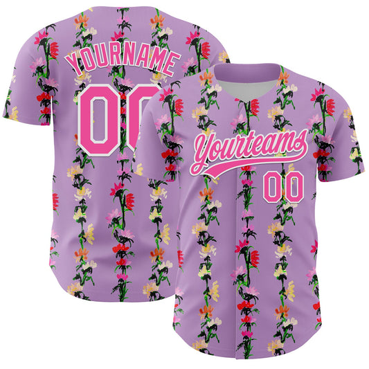 Custom Light Purple Pink-White 3D Tropical Hawaii Flower Authentic Baseball Jersey - Sky-Custom